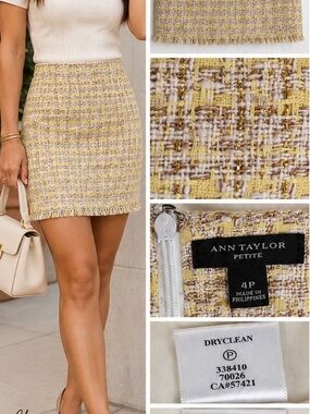 Ann Taylor Petite Yellow Tweed Pencil Skirt 4P Metallic Fringe